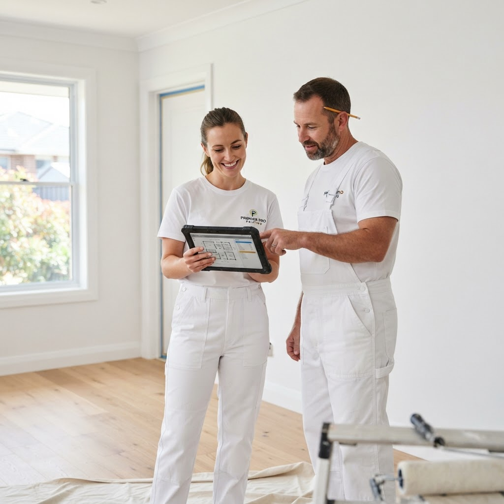 Twee schilders bekijken samen de planning op een tablet op locatie